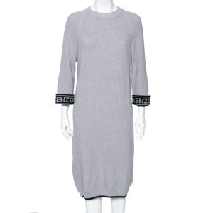 Kenzo Grey Knit Logo Trimmed Detailed Long Sleeve Sweater Dress S, Dresses - Luxury Closet catalog