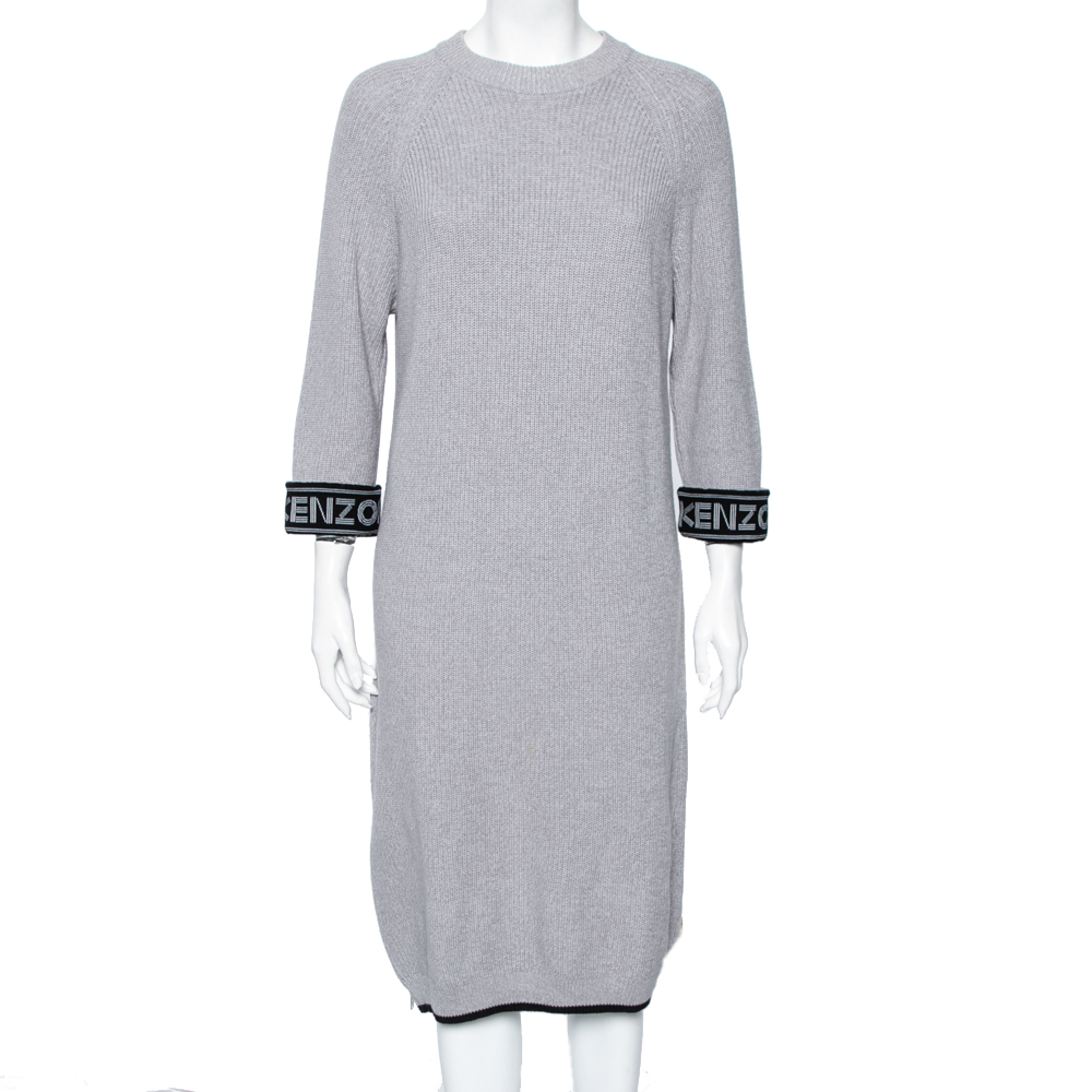 Kenzo Grey Knit Logo Trimmed Detailed Long Sleeve Sweater Dress S, Dresses - Luxury Closet catalog