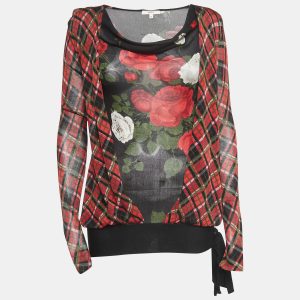 Kenzo Black/Red Checked Floral Print Silk Long Sleeve Top M, Shirts & Tops - Luxury Closet catalog