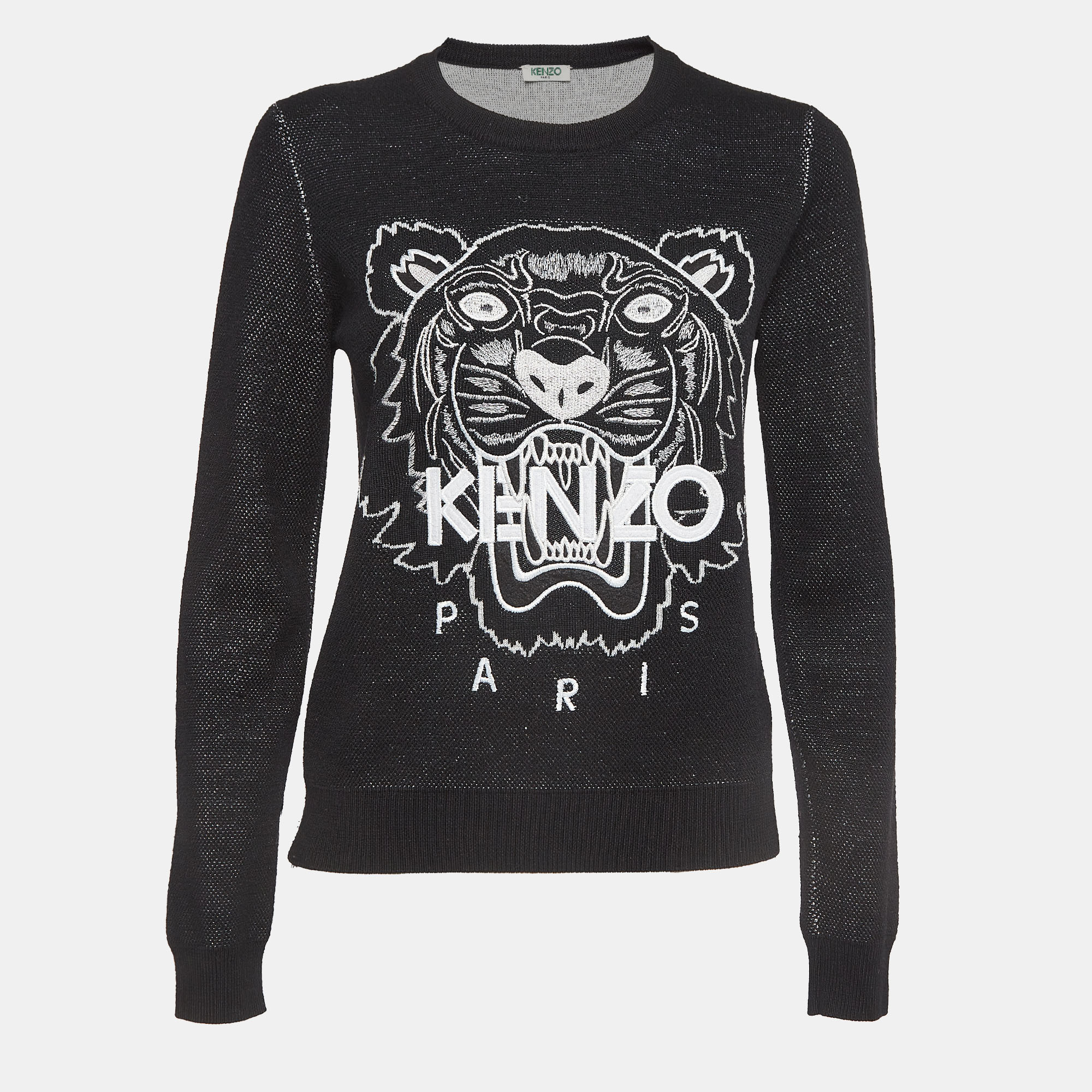 Kenzo Black Tiger Logo Embroidered Wool Blend Crew Neck Sweater S, Sweaters & Cardigans - Luxury Closet catalog