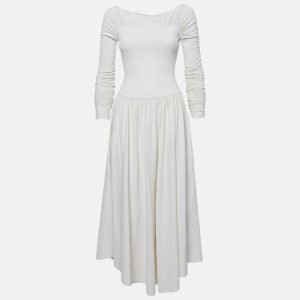 Khaite Off-White Knit Ruched Fit and Flare Midi Dress S, Dresses - Luxury Closet catalog