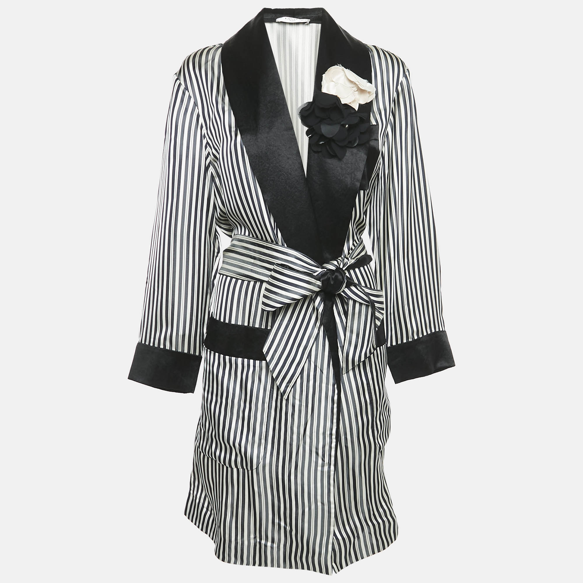 Lanvin Navy Black/White Stripe Satin Floral Applique Coat M, Coats & Jackets - Luxury Closet catalog