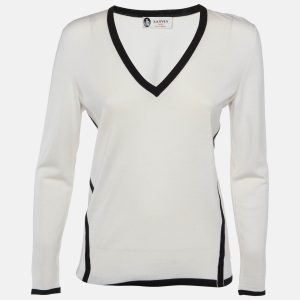 Lanvin White Contrast Trim Wool Knit V-Neck Sweater S, Sweaters & Cardigans - Luxury Closet catalog
