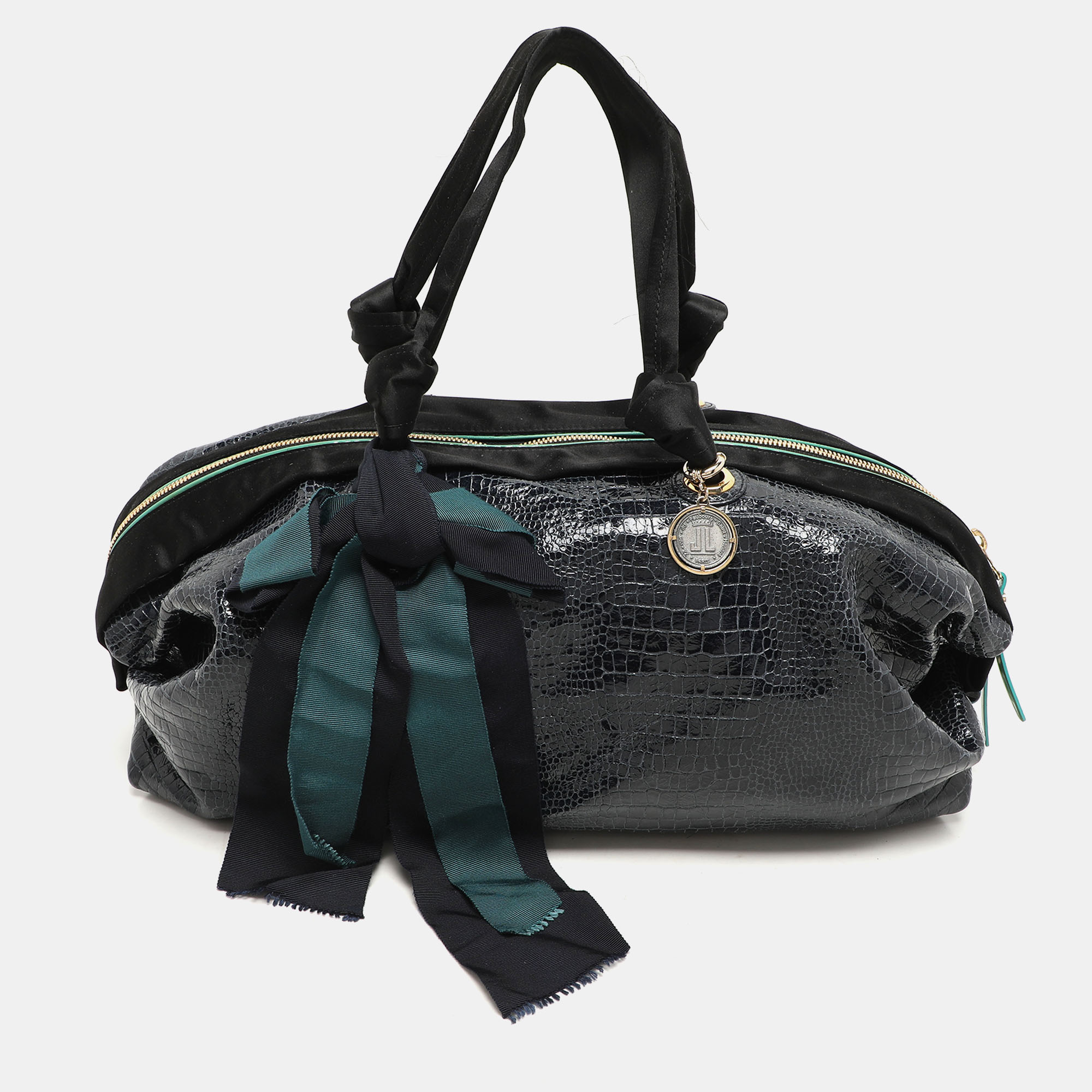 Lanvin Blue/Black Croc Embossed Leather and Satin Top Zip Satchel, Satchels - Luxury Closet catalog
