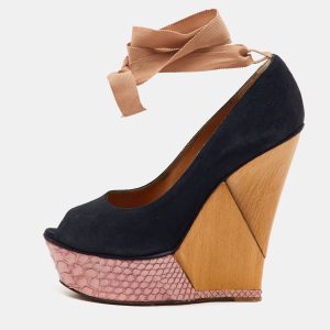 Lanvin Navy Blue/Pink  Suede and Snakeskin Ankle Wrap Platform Wedge Pumps Size 38, Pumps - Luxury Closet catalog