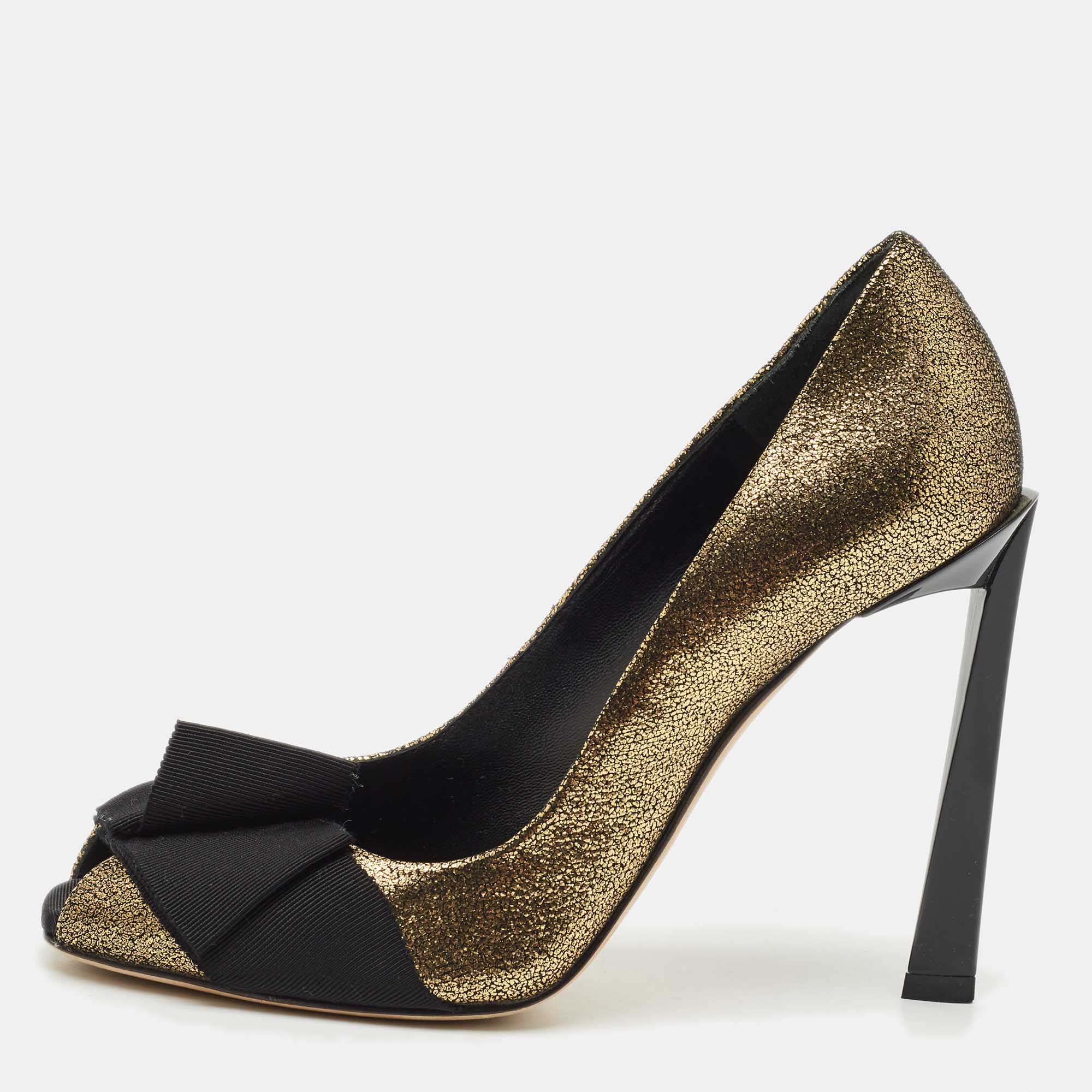 Lanvin Gold/Black Fabric and Leather Bow Peep Toe Pumps Size 36.5, Pumps - Luxury Closet catalog