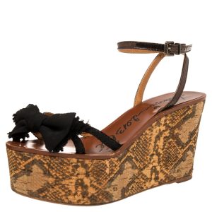 Lanvin Metallic/Black Canvas and Leather Bow Python Print Platform Wedge Sandals Size 39, Sandals - Luxury Closet catalog