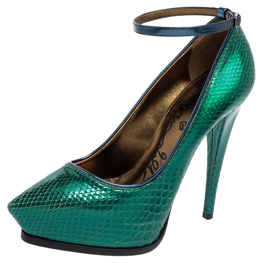 Lanvin Green/Blue Snakeskin Leather Pointed-Toe Ankle-Strap Pumps Size 38, Pumps - Luxury Closet catalog