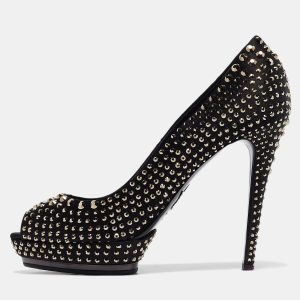 Le Silla Black Satin Crystals Peep Toe Pumps Size 41, Pumps - Luxury Closet catalog