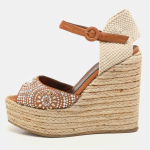 Le Silla Brown/Beige Canvas and Suede Crystal Embellished Wedge Sandals Size 37, Sandals - Luxury Closet catalog
