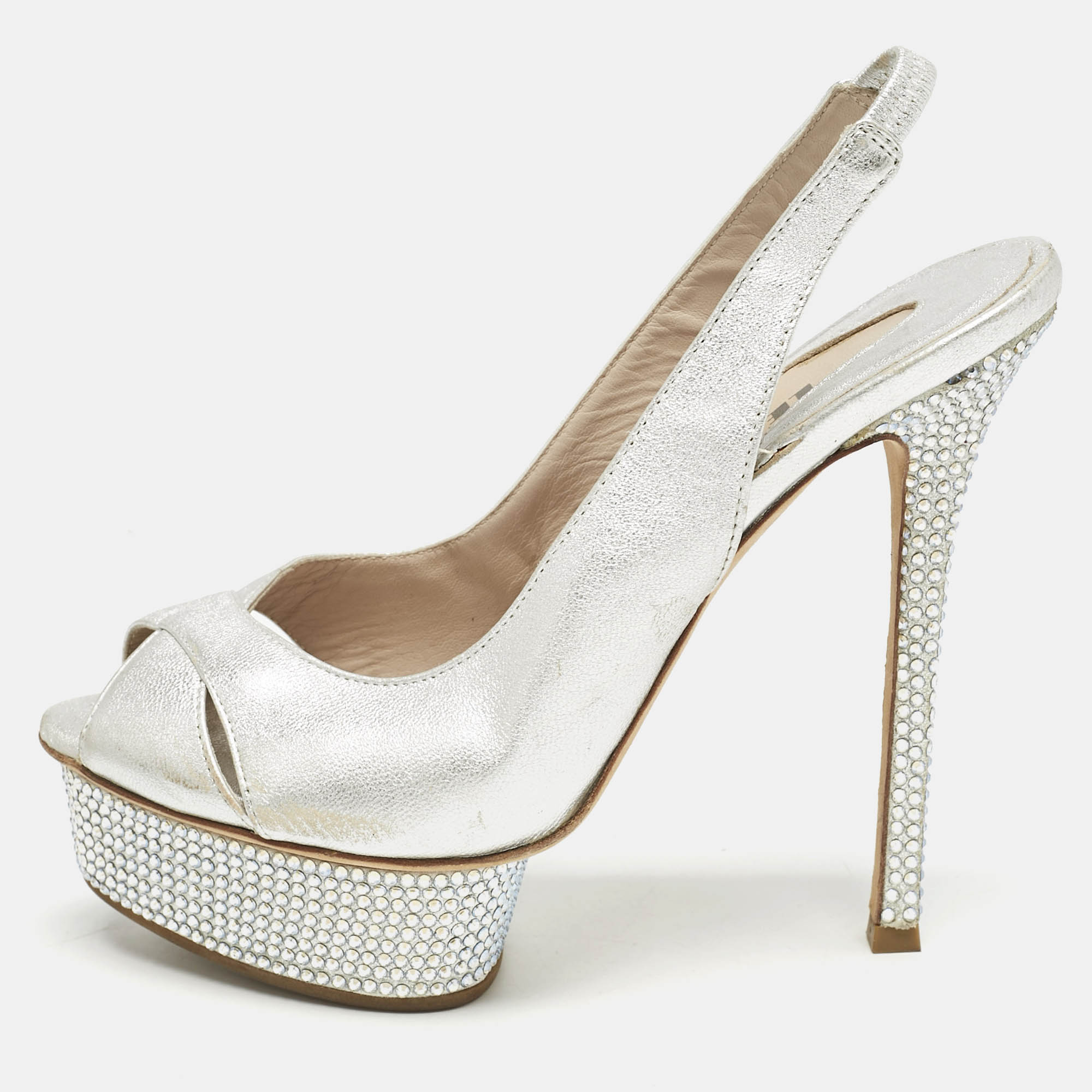 Le Silla Metallic Silver Leather Crystal Embellished Platform Slingback Sandals Size 36, Sandals - Luxury Closet catalog