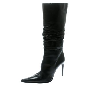Le Silla Black Leather Rucched Detail Calf Length Pointed Toe Boots Size 38, Boots - Luxury Closet catalog