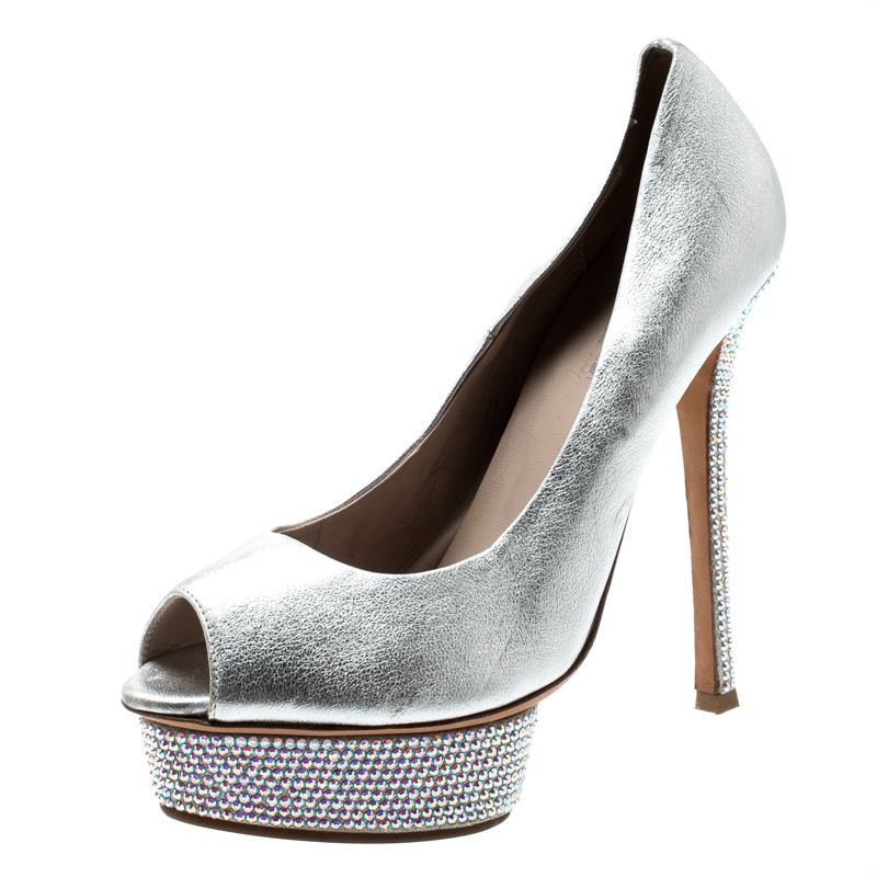 Le Silla Metallic Silver Leather Crystal Embellished Platform Peep Toe Pumps Size 38, Pumps - Luxury Closet catalog