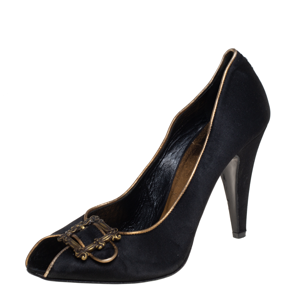 Le Silla Black Satin Buckle Peep-Toe Pumps Size 39, Pumps - Luxury Closet catalog