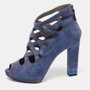 Le Silla Blue Suede Cut Out  Peep Toe Platform Ankle Boots Size 38.5, Boots - Luxury Closet catalog