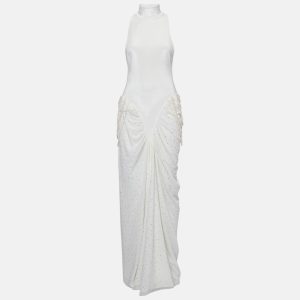 Leam Almes White Velvet and Tulle Pearl Detail Draped Maxi Dress M, Dresses - Luxury Closet catalog