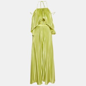 Li Dee Green Satin Pleated Biscous Top & Pants Set XS, Suits - Luxury Closet catalog