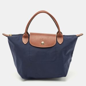 Longchamp Navy Blue/Brown Nylon and Leather Small Short Le Pliage Tote, Tote Handbags - Luxury Closet catalog