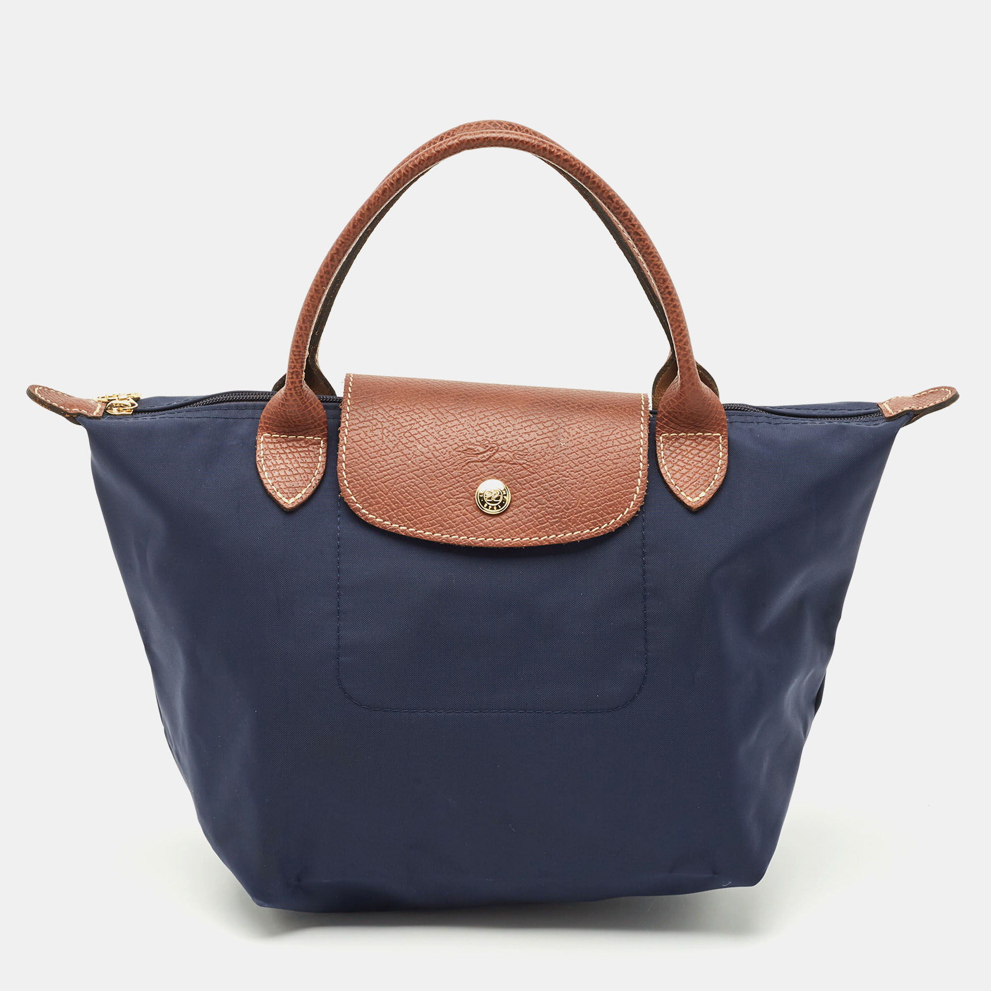 Longchamp Navy Blue/Brown Nylon and Leather Small Short Le Pliage Tote, Tote Handbags - Luxury Closet catalog