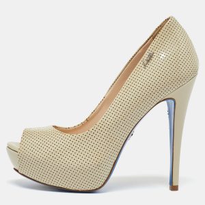 Loriblu Beige Perforated Patent Leather Peep Toe Platform Pumps Size 37, Pumps - Luxury Closet catalog