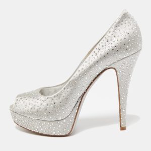 Loriblu Silver Satin Crystal Embellished Peep Toe Platform Pumps Size 40, Pumps - Luxury Closet catalog