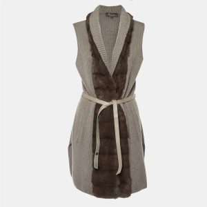 Loro Piana Grey Cashmere Knit Mink Fur Trim Belted Cardigan M, Sweaters & Cardigans - Luxury Closet catalog