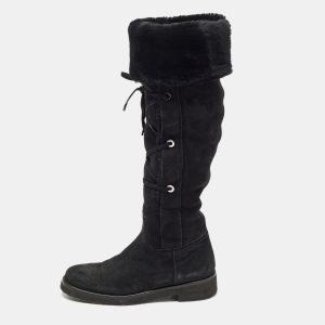 Loro Piana Black Suede and Fur Knee Length Flat Boots Size 40, Boots - Luxury Closet catalog