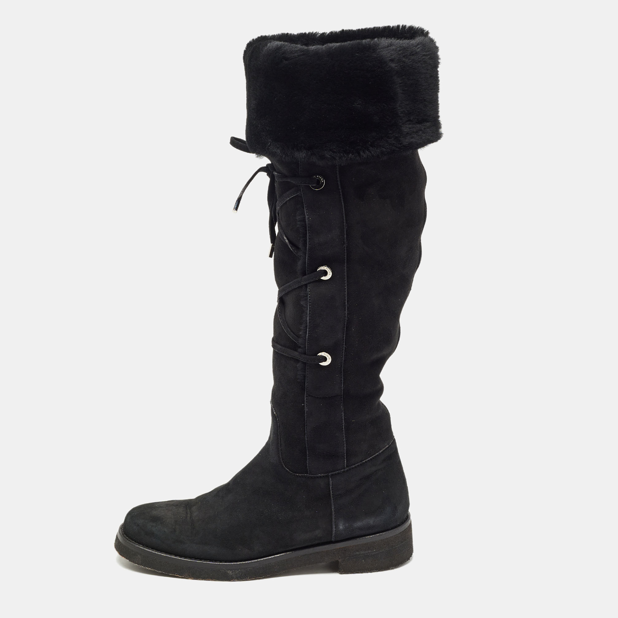 Loro Piana Black Suede and Fur Knee Length Flat Boots Size 40, Boots - Luxury Closet catalog