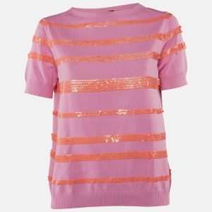Louis Vuitton Pink Sequin Striped Knit Short Sleeve Jumper L, Sweaters & Cardigans - Luxury Closet catalog