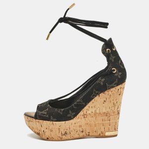 Louis Vuitton Black Monogram Denim Wedge Platform Ankle Wrap Pumps Size 36.5, Sandals - Luxury Closet catalog