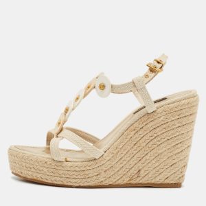 Louis Vuitton Cream Canvas Embellished Wedge Sandals Size 37.5, Sandals - Luxury Closet catalog