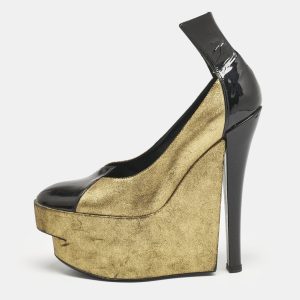 Louis Vuitton Gold/Black Leather and Patent Leather Wedge Pumps Size 38.5, Pumps - Luxury Closet catalog