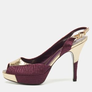 Louis Vuitton Purple/Gold Fabric and Leather Peep Toe Slingback Pumps Size 38.5, Pumps - Luxury Closet catalog