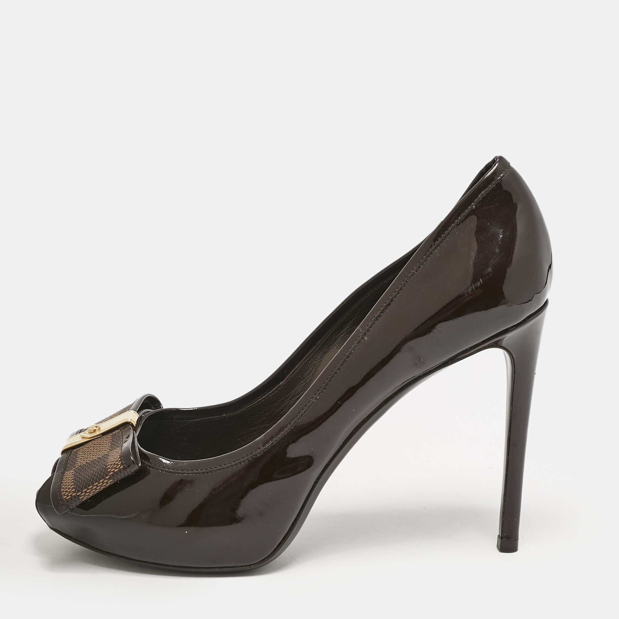 Louis Vuitton Brown Vernis Leather Valentine Peep Toe Pumps Size 37.5, Pumps - Luxury Closet catalog