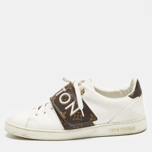 Louis Vuitton White/Brown Leather and Monogram Canvas Logo Strap Frontrow Sneakers Size 40, Athletic Shoes & Sneakers - Luxury Closet catalog