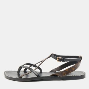 Louis Vuitton Black Leather and Monogram Canvas Strappy Flat Sandals Size 40, Sandals - Luxury Closet catalog