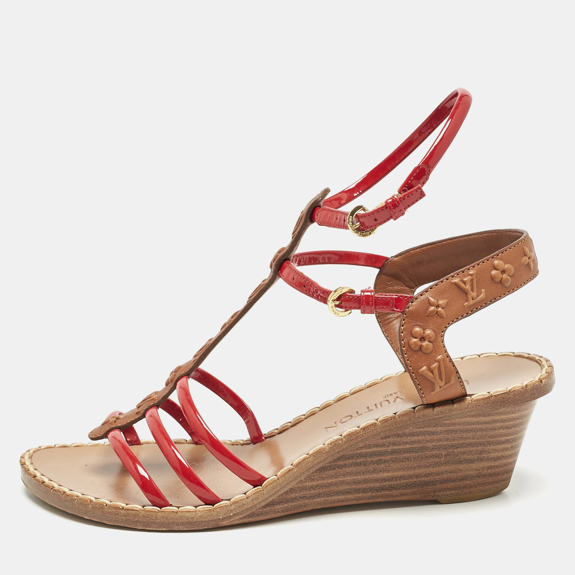 Louis Vuitton Brown/Red Monogram Embossed Leather and Patent T-Strap Wedge Sandals Size 36, Sandals - Luxury Closet catalog