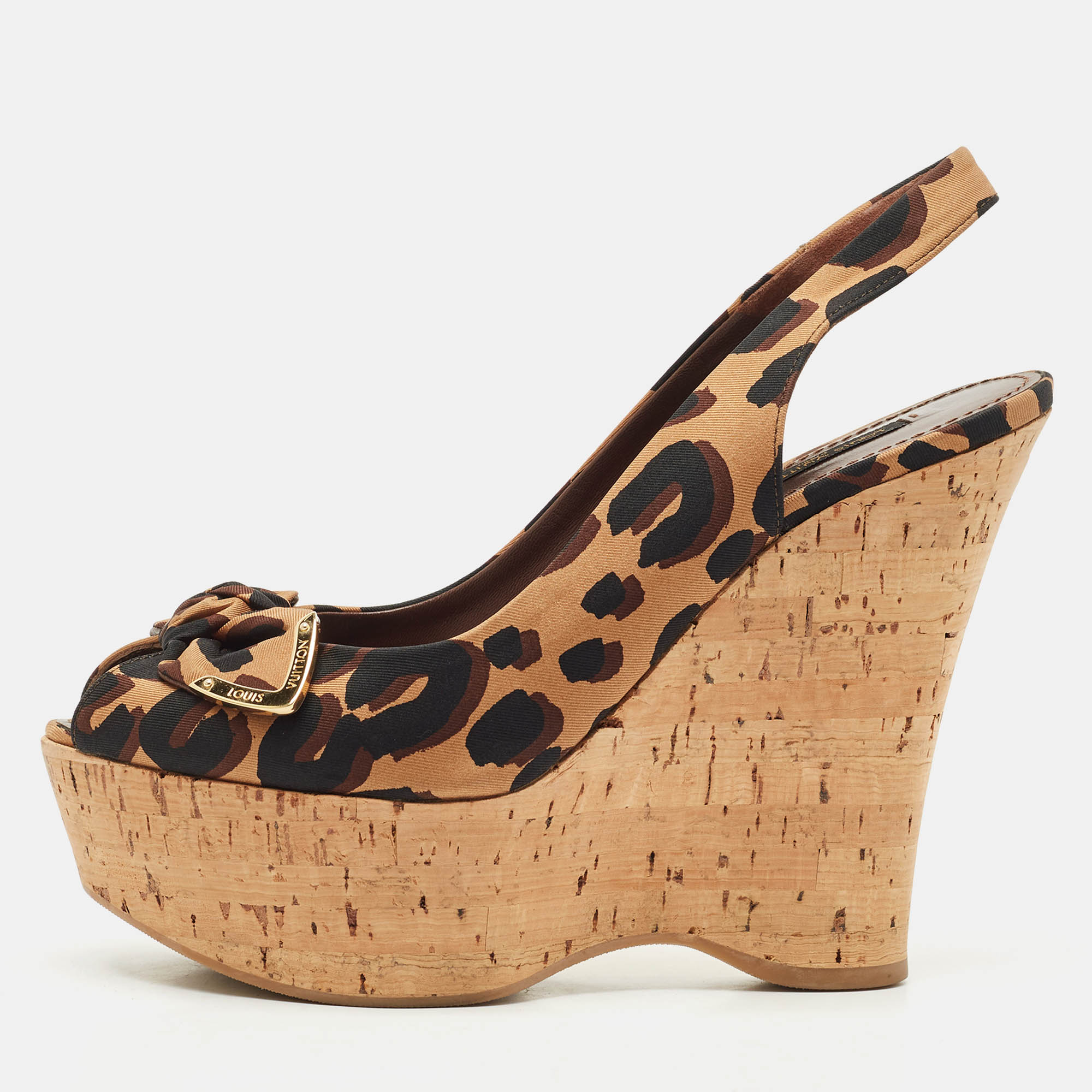 Louis Vuitton Brown Leopard Print Fabric Bow Cork Wedge Platform Slingback Pumps Size 37.5, Pumps - Luxury Closet catalog