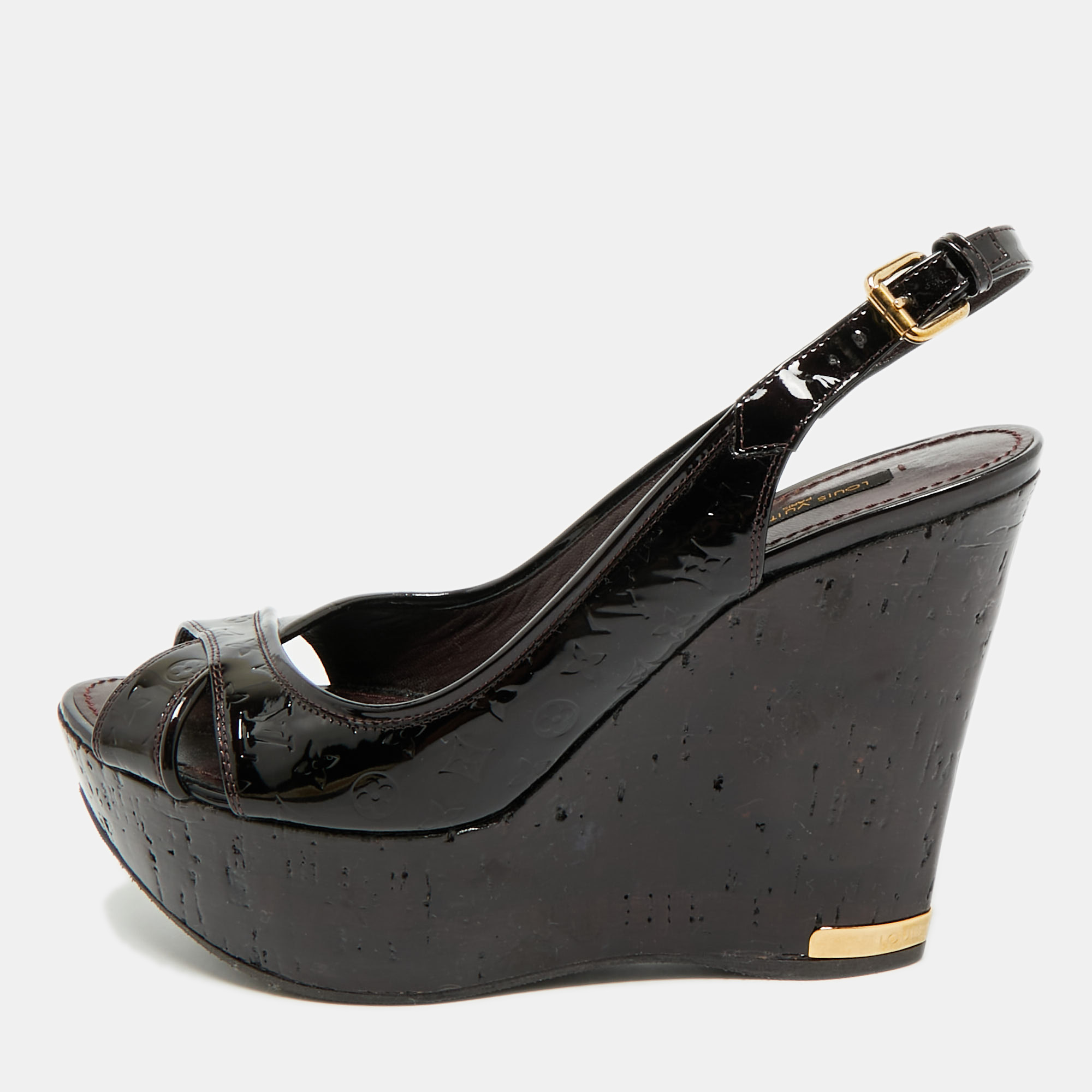 Louis Vuitton Burgundy Patent Leather Pantheon Wedge Sandals Size 37.5, Sandals - Luxury Closet catalog