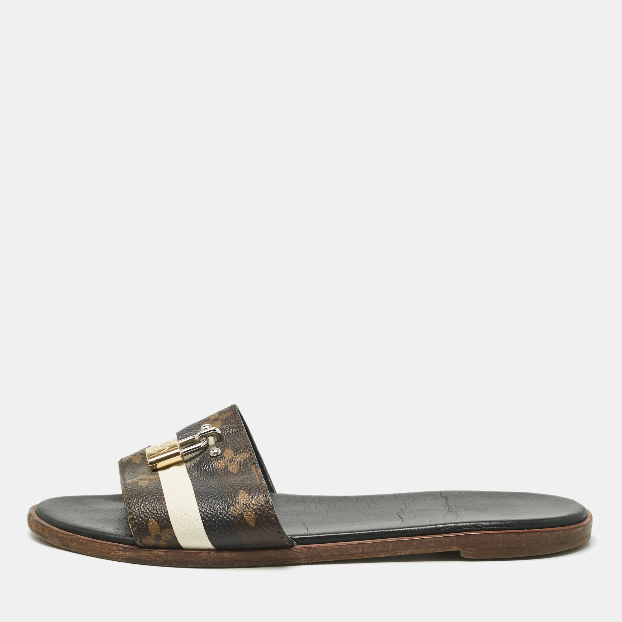 Louis Vuitton White/Brown Monogram Canvas Lock It Slides Sandals Size 37.5, Sandals - Luxury Closet catalog