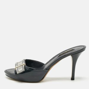 Louis Vuitton Black Blue Denim and Patent Leather Mini Lin Mules Size 38.5, Sandals - Luxury Closet catalog