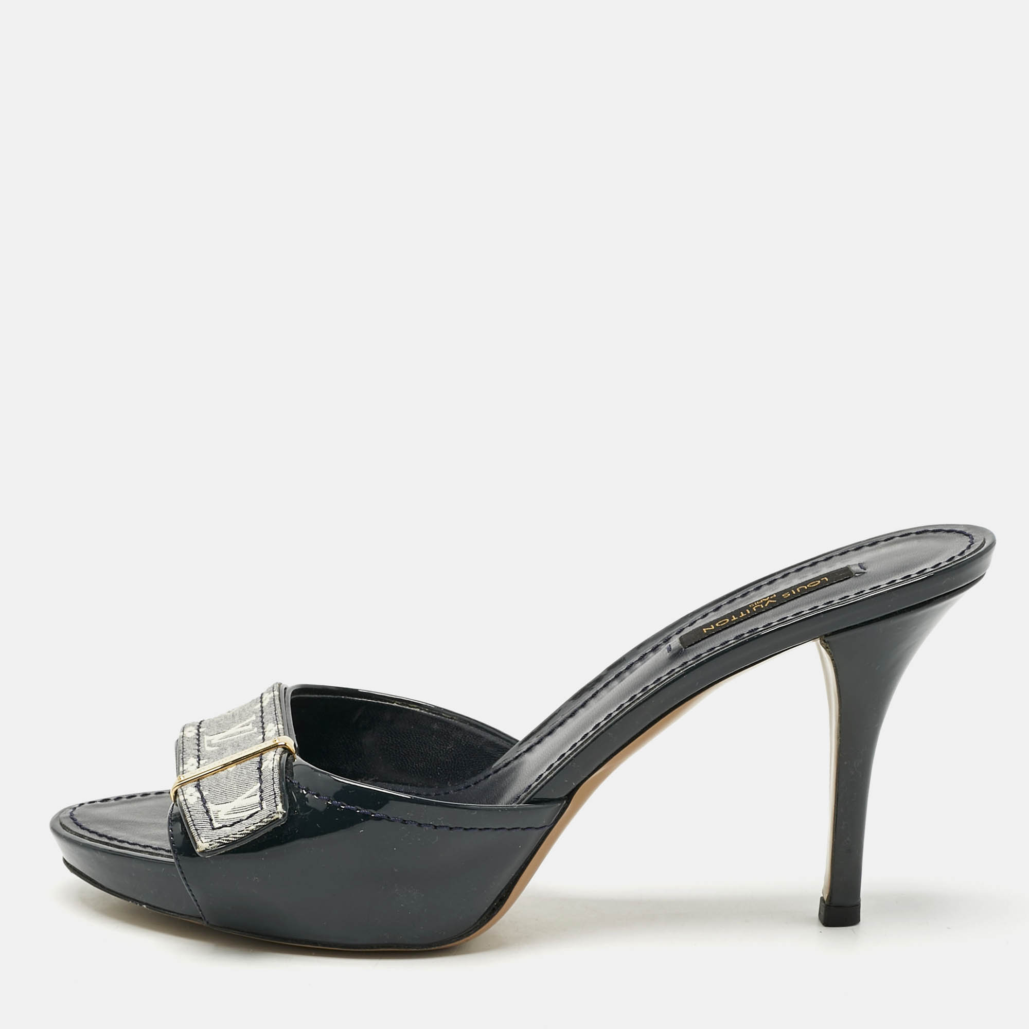 Louis Vuitton Black Blue Denim and Patent Leather Mini Lin Mules Size 38.5, Sandals - Luxury Closet catalog