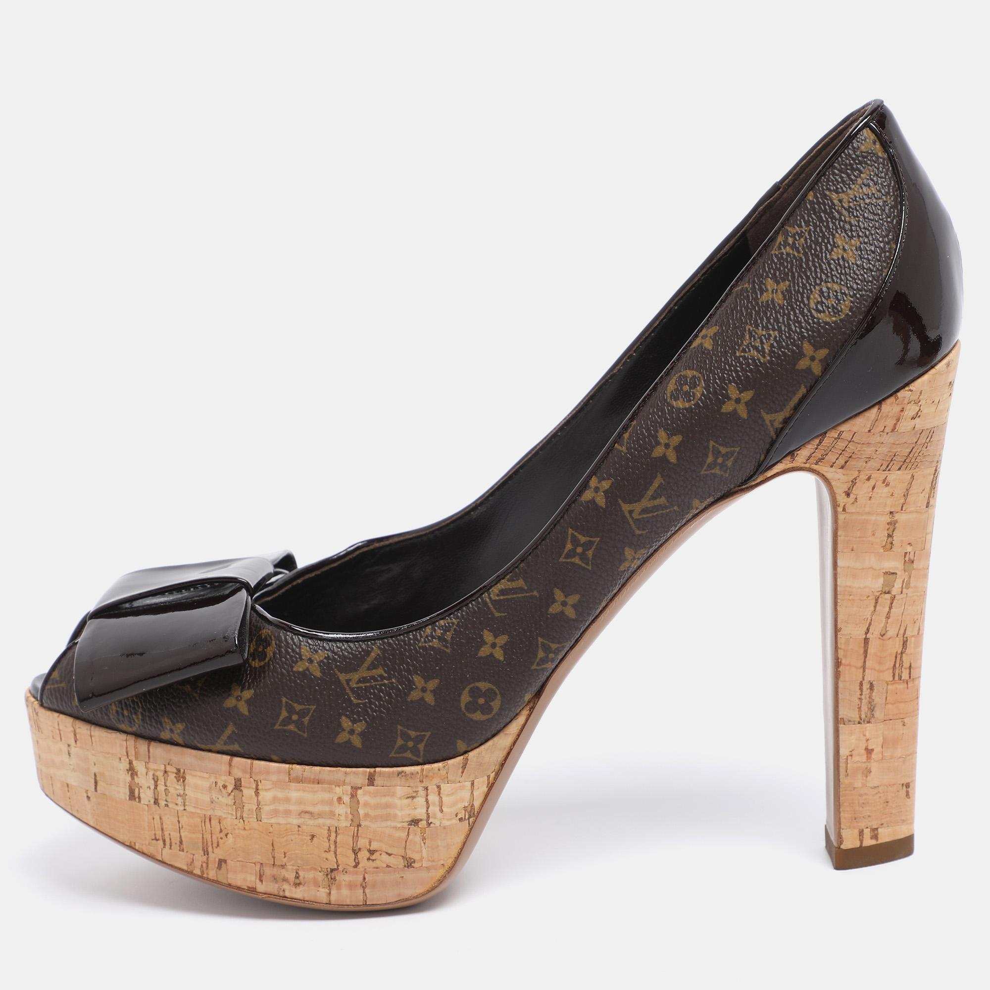 Louis Vuitton Brown Monogram Canvas And Patent Leather Rivoli Cork Peep Toe Platform Pumps 41, Pumps - Luxury Closet catalog
