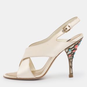 Louis Vuitton Cream Satin Cross Strap Embellished Heel Slingback Sandals Size 38.5, Sandals - Luxury Closet catalog