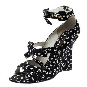 Louis Vuitton Black Printed Fabric Bow Ankle Strap Wedges Sandals Size 38, Sandals - Luxury Closet catalog