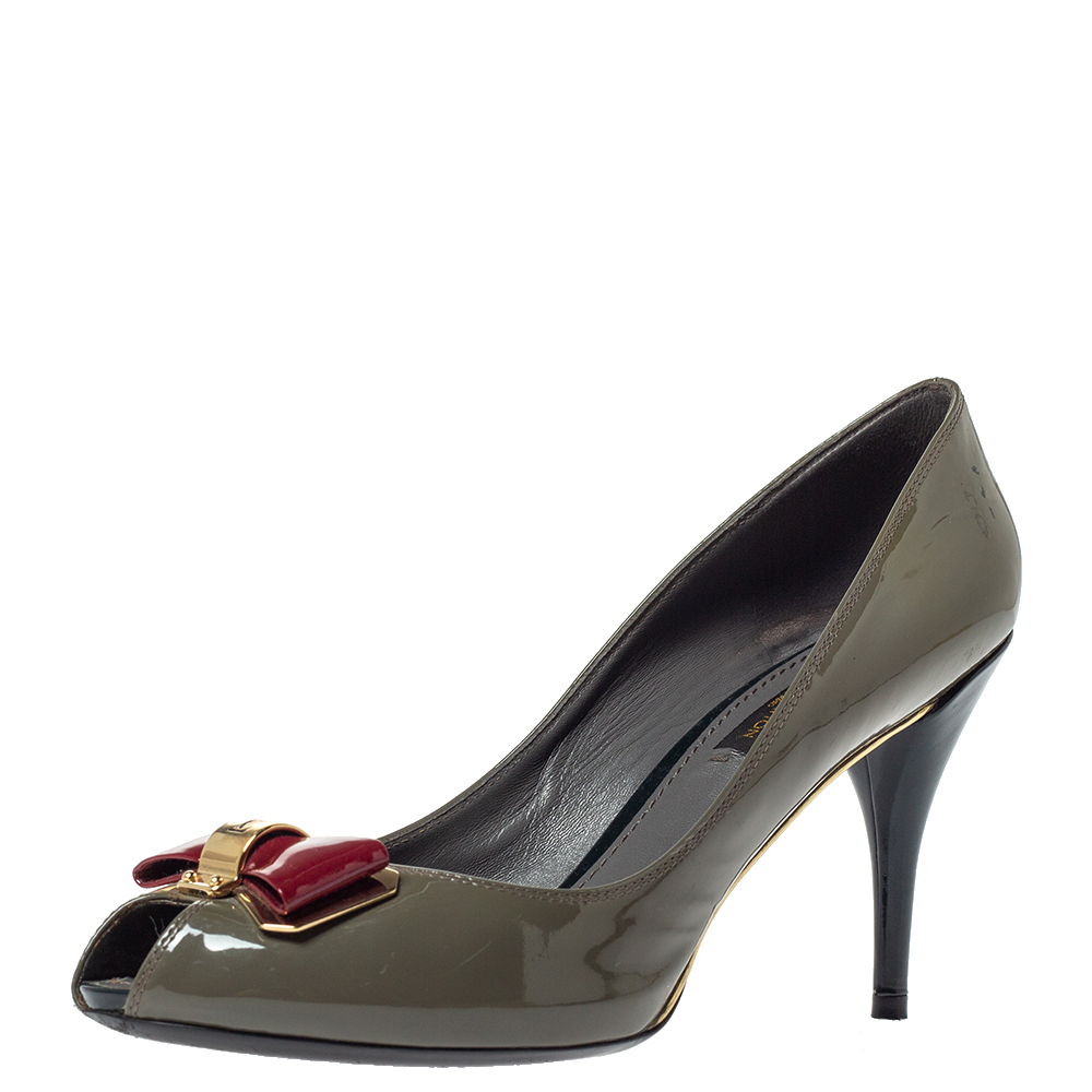 Louis Vuitton Grey Patent Leather Lou Peep Toe Pumps Size 37.5, Pumps - Luxury Closet catalog