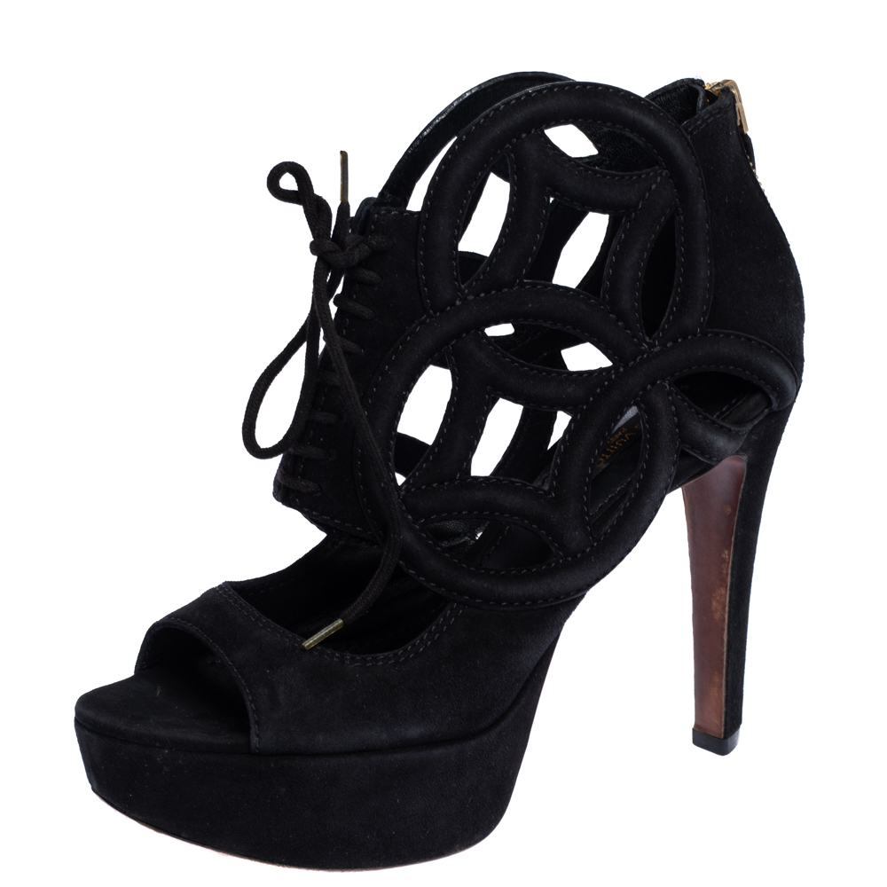 Louis Vuitton Black Suede Cutout Monogram Platform Ankle Boots Size 36, Boots - Luxury Closet catalog