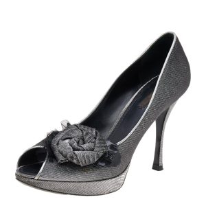 Louis Vuitton Silver/Black Lurex Fabric Floral Peep Toe Pumps Size 39.5, Pumps - Luxury Closet catalog