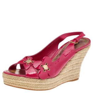 Louis Vuitton Pink Patent Leather Embellished Wedge Platform Slingback Sandals Size 39.5, Sandals - Luxury Closet catalog