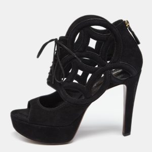 Louis Vuitton Black Suede Cutout Monogram Lace Up Platform Sandals Size 37.5, Sandals - Luxury Closet catalog